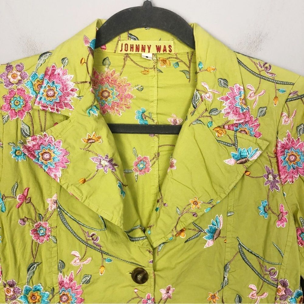 JOHNNY WAS | Embroidered Lime Green Floral Blazer Jacket Women’s Size Small - Picture 4 of 10